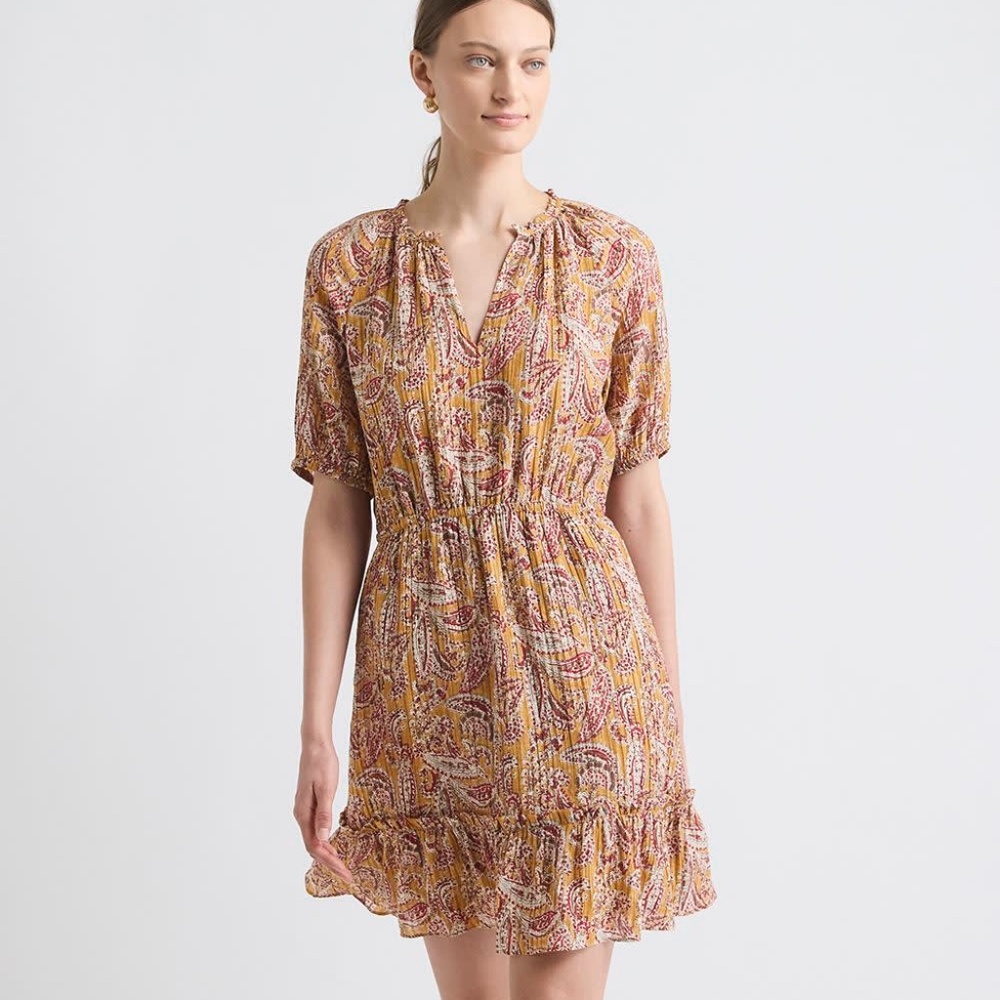 Short-Puffy-Sleeve Split-Neck Mini Dress